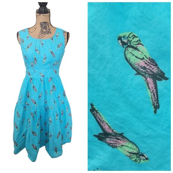 Size 4 eShakti Turquoise Blue Parrot Bird Print Sleeveless Cotton Mini Sun Dress - Picture 1 of 8